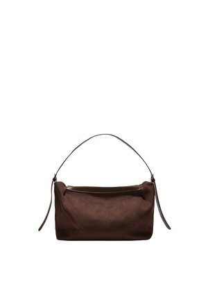 Sac d'épaule en tissu brun texturé avec une sangle fine et une fermeture éclair supérieure, sur fond blanc uni.