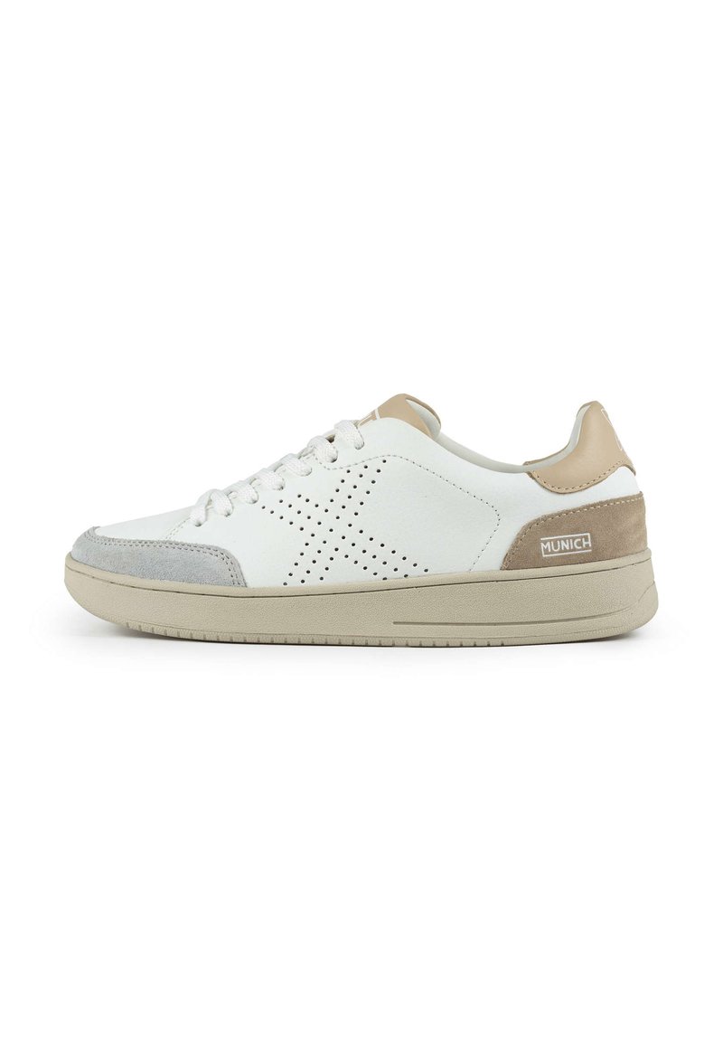 White leather sneaker with grey suede accents and tan details. Features perforation pattern and neutral-colored rubber sole.