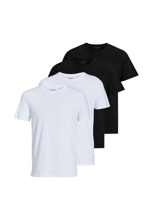 Fire ensfarvede bomulds-T-shirts med rund hals i vekslende sorte og hvide farver, arrangeret overlappende mod en hvid baggrund.