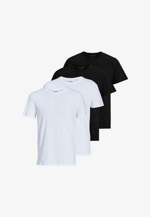 Vier schlichte Baumwoll-T-Shirts mit Rundhalsausschnitt in abwechselnden Schwarz- und Weißtönen, überlappend auf weißem Hintergrund angeordnet.