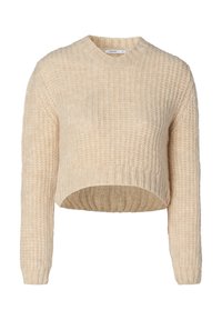 Beżowy sweter dziany o skróconym kroju, z długimi rękawami i teksturowanym wzorem prążkowym. Okrągły dekolt z lekko luźnym dopasowaniem.