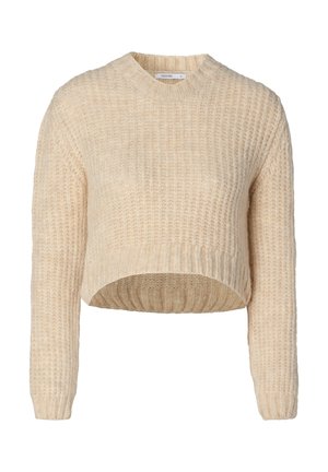 Pull en tricot beige à coupe courte, avec des manches longues et un motif côtelé texturé. Encolure ronde avec une coupe légèrement ample.