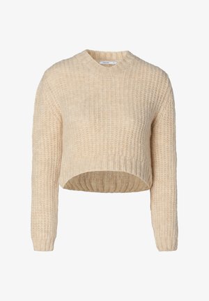 Beige gebreide trui met een cropped snit, lange mouwen en een geblokt ribpatroon. Ronde halslijn met een iets losse pasvorm.