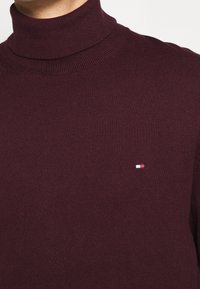 Nahaufnahme einer Person in einem dunkelburgunderfarbenen Rollkragenpullover mit einem kleinen rot-weißen und blauen Logo auf der Brust.