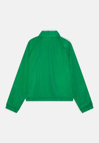 Žalia lengva striukė su užtrauktuku ant apykaklės, ilgomis rankovėmis ir tekstūruotu paviršiumi. Savybė - baltos akcentinės juostelės ant pečių.