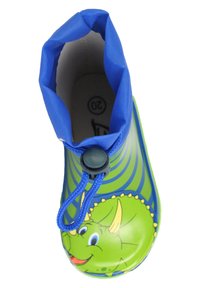 Botte en caoutchouc verte avec un motif de dinosaure, col en textile bleu et cordon réglable. L'intérieur est doté d'une doublure lisse et d'une taille 20.