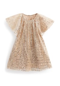 Robe en sequins dorés avec des manches courtes et légères, présentant des rayures verticales de paillettes et un décolleté arrondi. Texture de tissu douce.