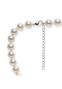 Pearl necklace featuring round, white pearls with a glossy finish. Includes a silver-tone lobster clasp and an adjustable chain for length variation.