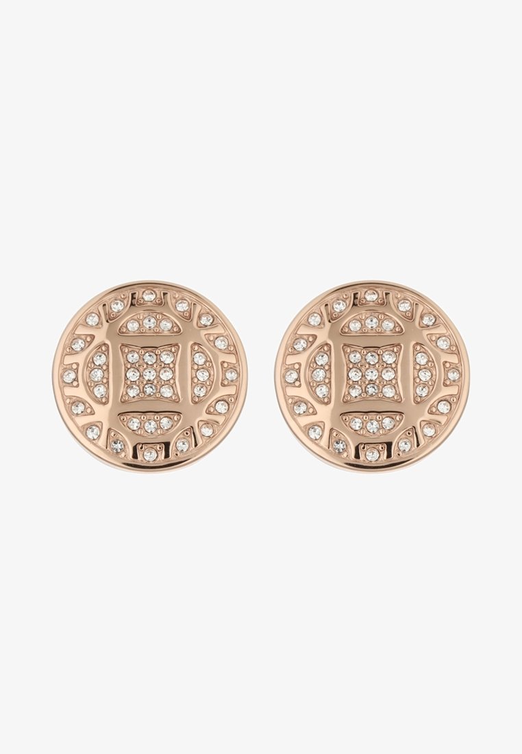Boucles d'oreilles rondes en or rose avec des motifs géométriques incrustés de multiples petits cristaux clairs.