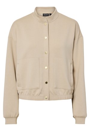 Beige langärmelige Jacke mit Stehkragen, goldenen Druckknöpfen vorne, zwei großen Fronttaschen sowie elastischem Bund und Ärmelabschlüssen.