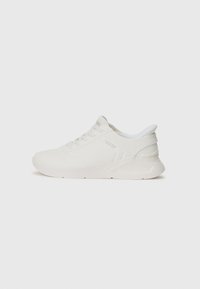 White athletic sneakers with a sleek design, smooth fabric upper, perforated accents, and a cushioned sole, featuring flat laces.