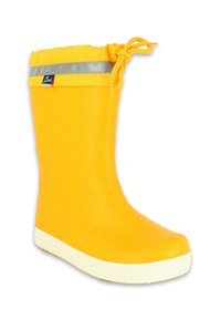 Botte de pluie en caoutchouc jaune avec une surface extérieure texturée, une bande réfléchissante grise en haut et une semelle en caoutchouc blanche. Haut réglable avec cordon.
