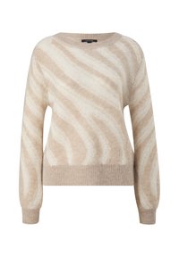Jasno beżowy sweter wykonany z miękkiego materiału z kremowymi falistymi wzorami, okrągłym dekoltem oraz prążkowanymi mankietami i dołem.