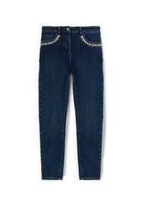 Vaqueros skinny de mezclilla oscura con bolsillos decorados con brillantes de cristal, un diseño clásico de cinco bolsillos y una cinturilla estándar.