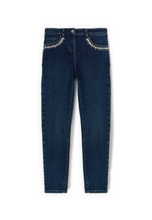 Donker denim skinny jeans met versierde zakken met heldere rhinestones, een klassiek vijf-pocket ontwerp en een standaard tailleband.