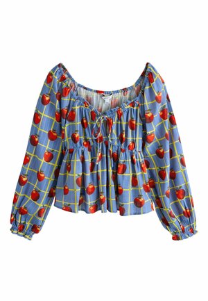 Mėlyna ilgomis rankovėmis palaidinė su surinkta apykakle, raudono obuolio raštu tinklelyje ir elastinėmis rankogaliais, suteikiančiais laisvą prigludimą.