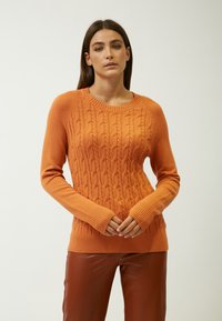 Maglione arancione lavorato a maglia con motivo a treccia, scollo rotondo e polsini a coste. Il tessuto appare morbido e strutturato. Indossato con pantaloni marroni.