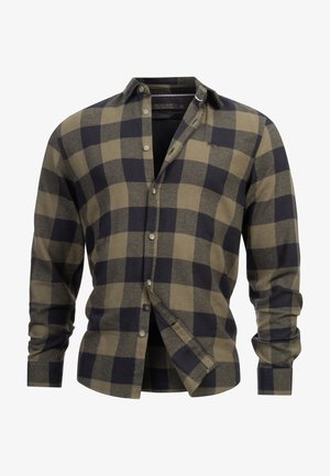 Ruskean ja tummansinisen ruudullisen pitkähihaisen paidan valmistuksessa on käytetty pehmeää kangasta; siinä on napit ja kaulus.