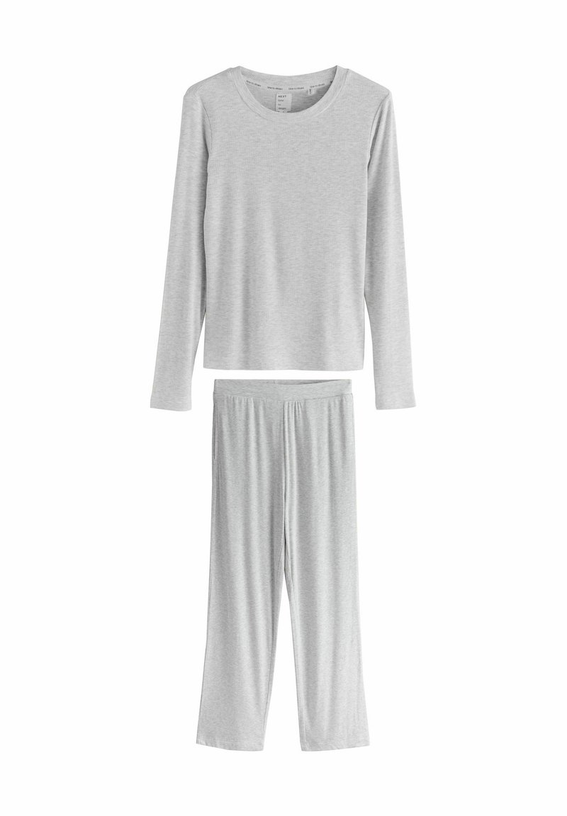 Világosszürke, hosszú ujjú felső és hozzá illő, rugalmas derék rúgós nadrág szett, puha, bordázott anyagból, fehér háttéren síkba fektetve.