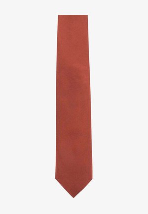 Red tie made of textured fabric, featuring a solid color with a narrow design. Pointed tip and slightly ridged surface detail.