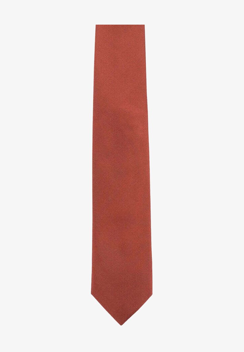 Red tie made of textured fabric, featuring a solid color with a narrow design. Pointed tip and slightly ridged surface detail.