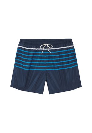 Navy blue swim shorts with horizontal light blue and white stripes near the waistband and a white drawstring tie at the front.