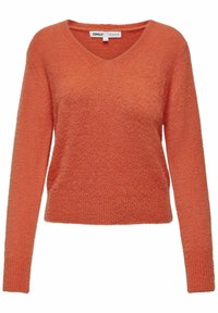 Rdzawy sweter z dekoltem w serek, długimi rękawami i miękkim, teksturowanym wykończeniem. Casualowy fason, średniej długości, wykonany z puszystego materiału.