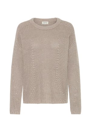 Pull en tricot de couleur beige clair avec un col rond, des manches longues et un motif texturé. Coupe décontractée avec des poignets et un ourlet côtes.