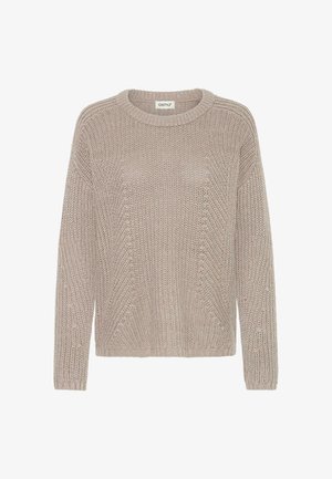 Šviesiai smėlinės spalvos megztinis su apykakle, ilgomis rankovėmis ir tekstūruotu raštu. Laisvas siluetas, su gipiūrinėmis rankogaliais ir apatine dalimi.