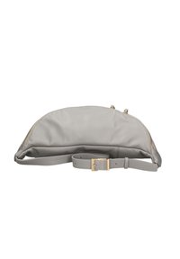Borsa in pelle grigia con una forma curva, caratterizzata da una texture liscia, due cerniere superiori e una tracolla rimovibile con una fibbia in tonalità oro.