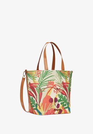 Sac en toile avec un motif floral coloré, poignées en cuir beige, et une sangle ajustable. Caractérisé par une forme structurée et des éléments de design éclatants.