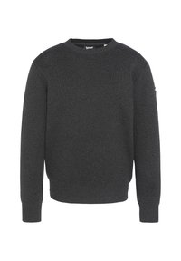 Grau gestrickter Sweatshirt mit Rundhalsausschnitt und gerippten Bündchen. Verfügt über ein kleines Logo-Detail am linken Ärmel. Weiche Textur, lässiges Design.
