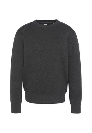 Grau gestrickter Sweatshirt mit Rundhalsausschnitt und gerippten Bündchen. Verfügt über ein kleines Logo-Detail am linken Ärmel. Weiche Textur, lässiges Design.