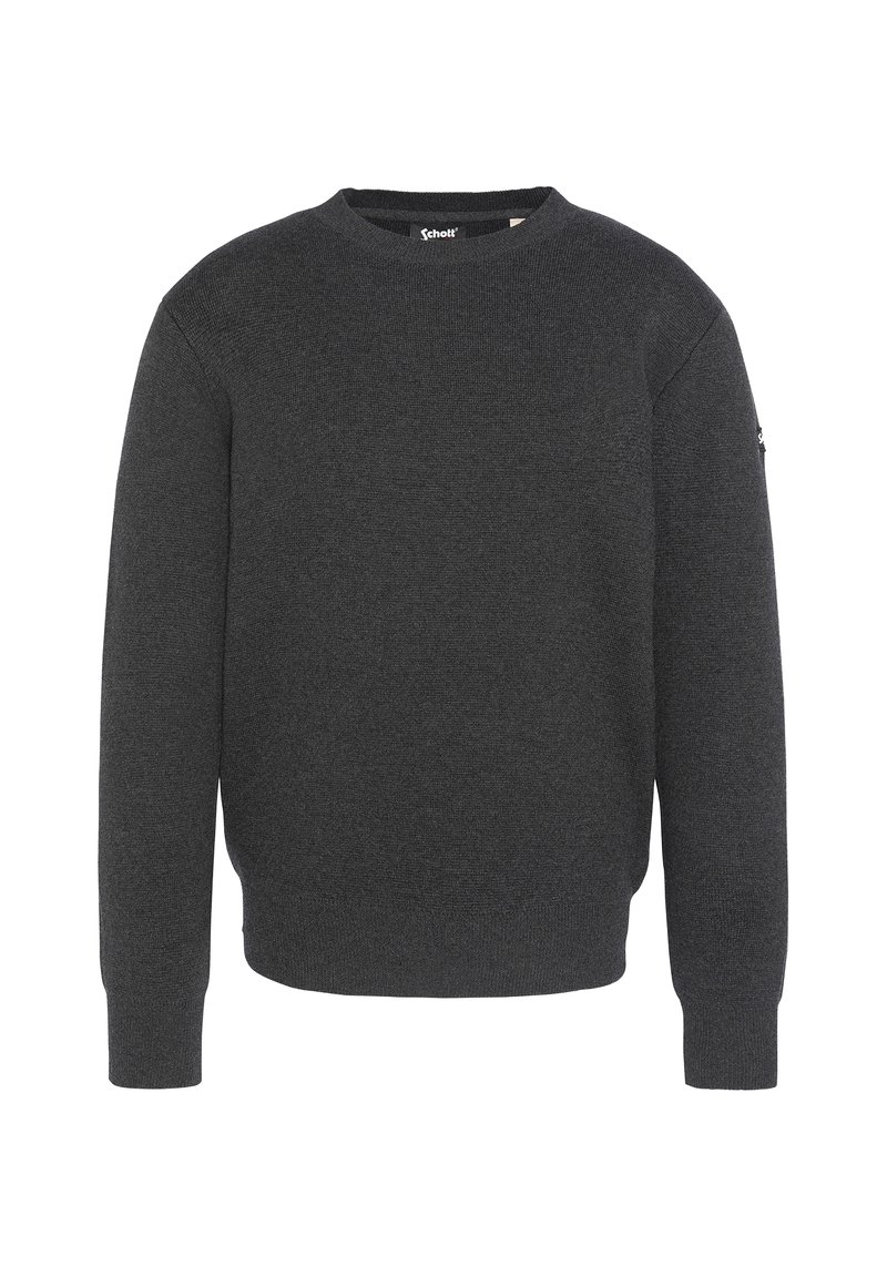 Grau gestrickter Sweatshirt mit Rundhalsausschnitt und gerippten Bündchen. Verfügt über ein kleines Logo-Detail am linken Ärmel. Weiche Textur, lässiges Design.