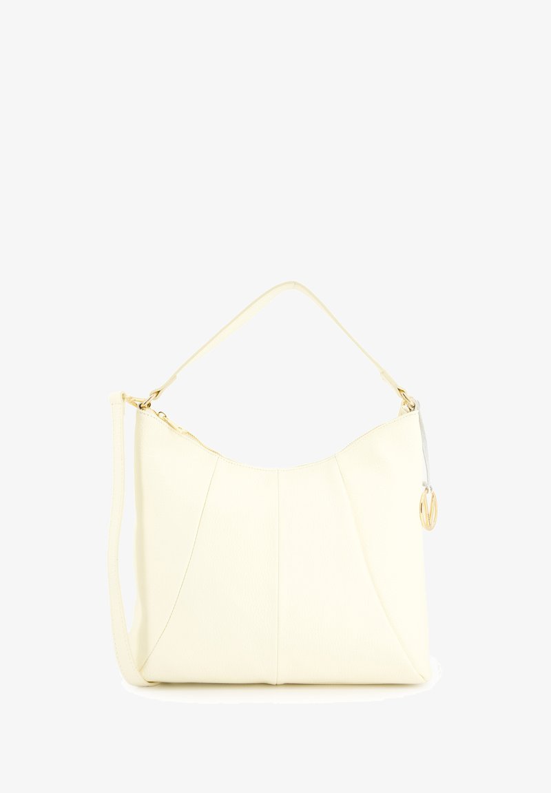 White leather shoulder bag with a curved top, pleated front, single strap, and gold hardware accents. Features a decorative keychain loop.