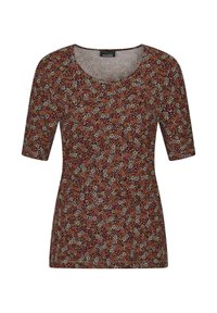 Korte mouwen, shirt met ronde hals, met een bloemmotief in rood, wit en groen op een donkere achtergrond, gemaakt van een zachte stretchstof.