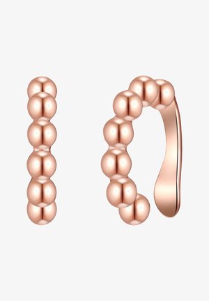 Náušnice z ružového zlata vo forme kruhov s korálkovým dizajnom. Hladký, zaoblený povrch s lesklým finišom a bezšvíkovým uzáverom.