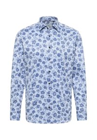 Camicia a maniche lunghe in un tessuto blu chiaro con un motivo floreale in blu scuro. Chiusura frontale con bottoni e colletto classico con bottoni neri.