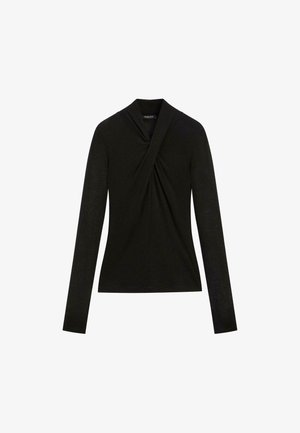 Maglietta nera a maniche lunghe con scollatura drappeggiata e dettaglio arricciato in vita, realizzata in tessuto morbido e leggero. Design semplice e classico.