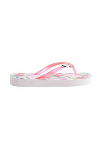 Rosa Flip-Flops mit einem gemusterten Fußbett und bunten Designs. Weiche Gummiriemen mit strukturierten Akzenten. Flache weiße Sohle.