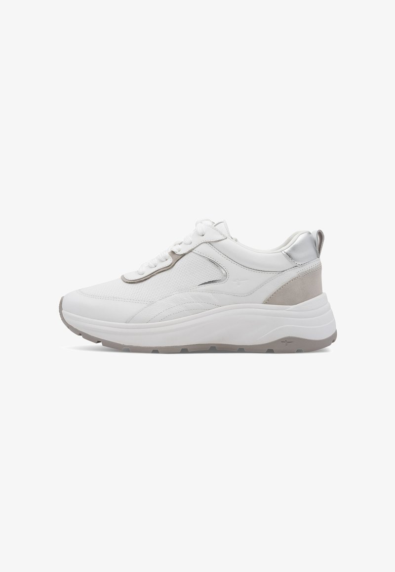 White and gray sporty sneaker with mesh and leather upper, thick sole, lace-up closure, and pull tab on the heel against white background.
