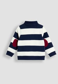 Paita neule navy ja valkoisilla raidoilla, jossa on korkea kaulus, punaiset kyynärpäälaput ja resorit hihoissa. Pehmeä kangas ja rento malli.