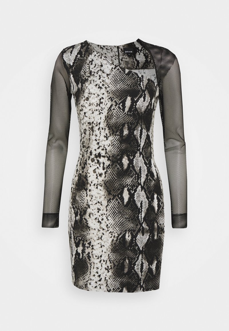 Robe à manches longues avec un motif serpent noir et blanc, des manches en tissu en maille et une silhouette ajustée.