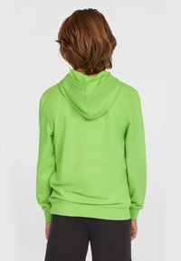 Sudadera de algodón verde con un corte relajado, que cuenta con capucha ajustable y puños acanalados. Textura suave, sin patrones, vista trasera mostrada.