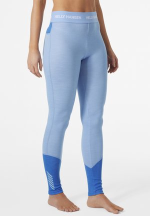 Lichtblauwe leggings met een gestructureerde afwerking, voorzien van een contrasterende donkerblauwe enkelsectie en een logoband in de taille.