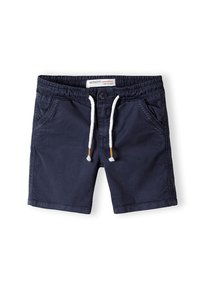 Shorts blu navy realizzati in misto cotone, con vita elasticizzata, cordoncino, due tasche laterali e chiusura con bottone.