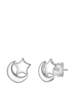 Pendientes plateados con diseño de luna creciente y una estrella situada arriba. Textura suave con acabado pulido. Cierre estándar tipo poste.