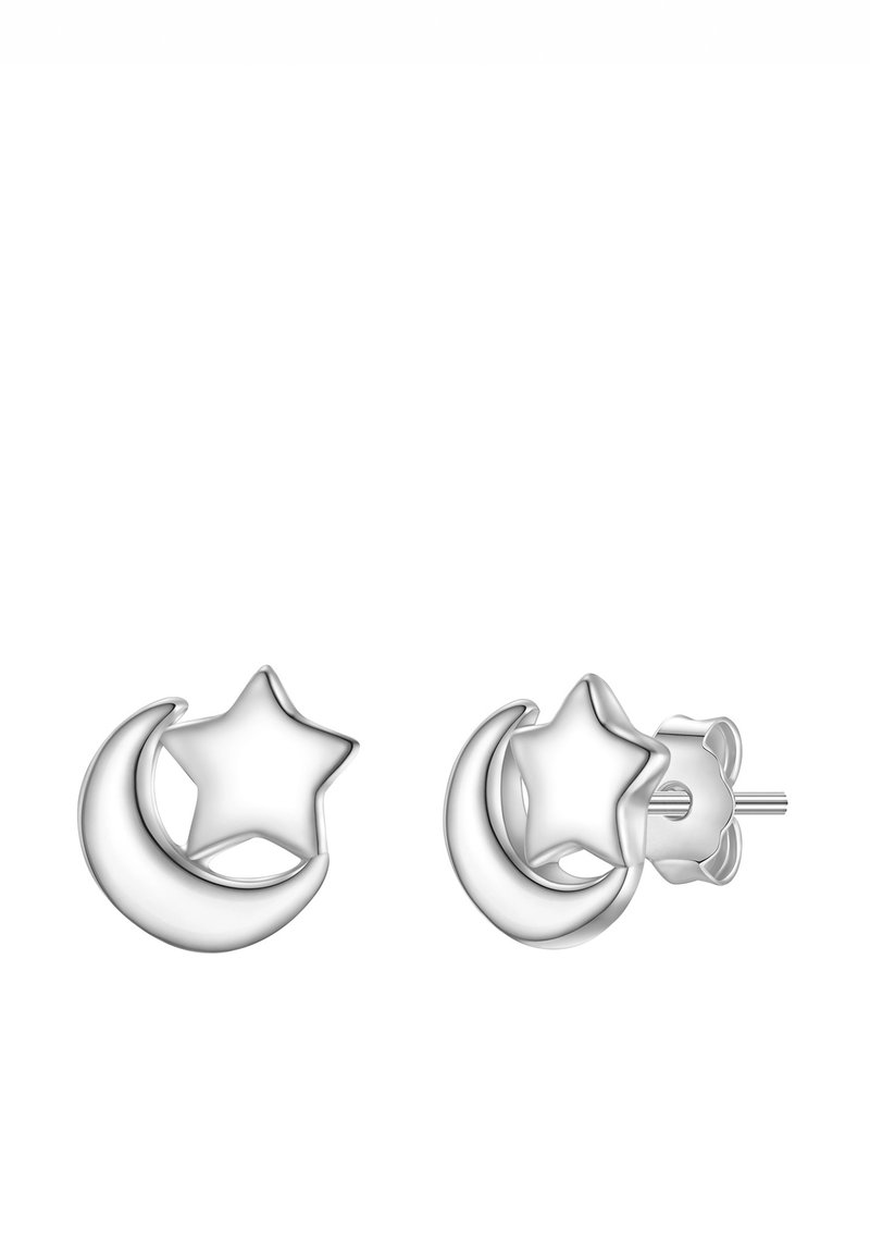 Silberohrringe mit einem Design eines Halbmonds und einem darüber positionierten Stern. Glatte Textur mit polierter Oberfläche. Standard-Ohrstecker.