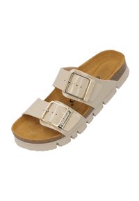 Sandal beige a due fibbie in pelle verniciata con soletta in sughero. Caratterizzata da una suola spessa e texturizzata e da dettagli in metallo sulle fibbie.