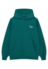 Felpa con cappuccio teal, dotata di tasca frontale a marsupio e piccolo logo azzurro "Studio" sul lato sinistro del petto.